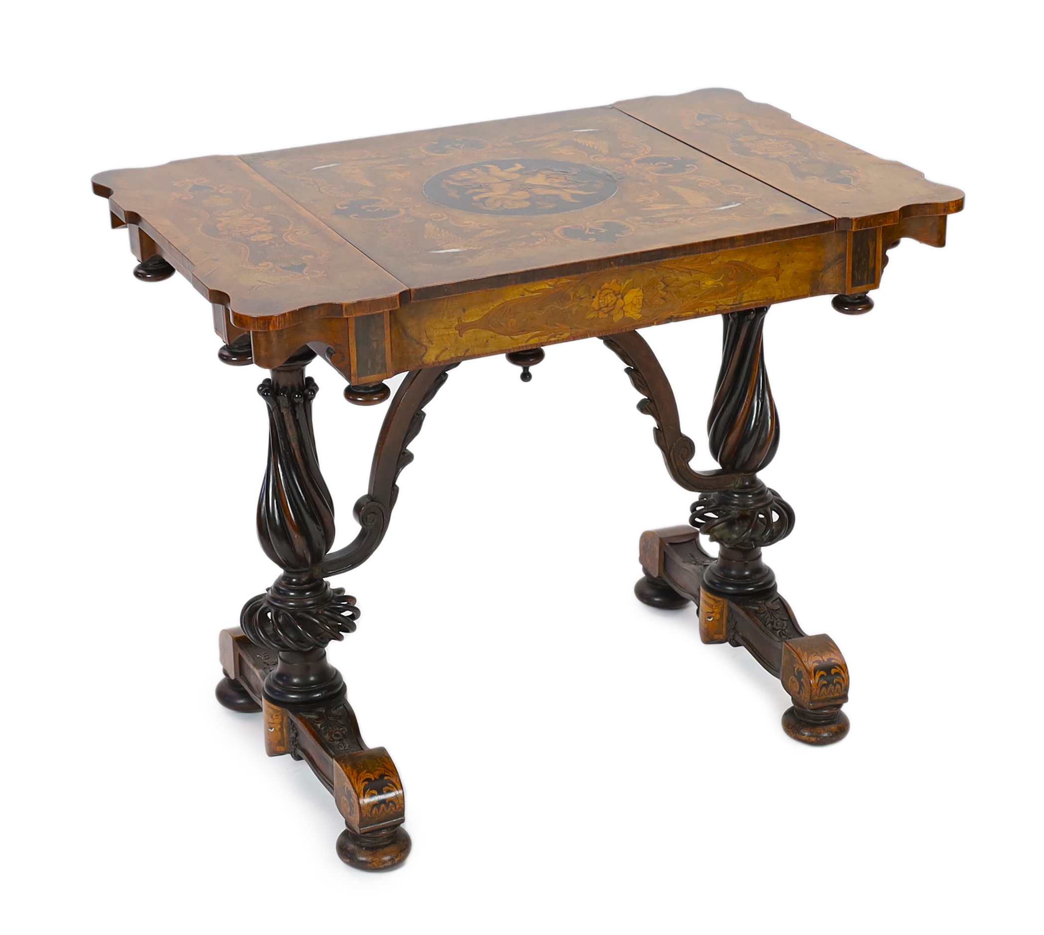 A 19th century French floral marquetry and tulipwood banded games table, 89cm wide, 58cm deep, 72cm high, Please note this lot attracts an additional import tax of 5% on the hammer price